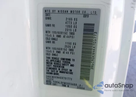 2019 Nissan Nv200 S z USA, uszkodzony, nr VIN 3N6CM0KN4KK701773